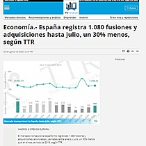 Espaa registra 1.080 fusiones y adquisiciones hasta julio, un 30% menos, segn TTR